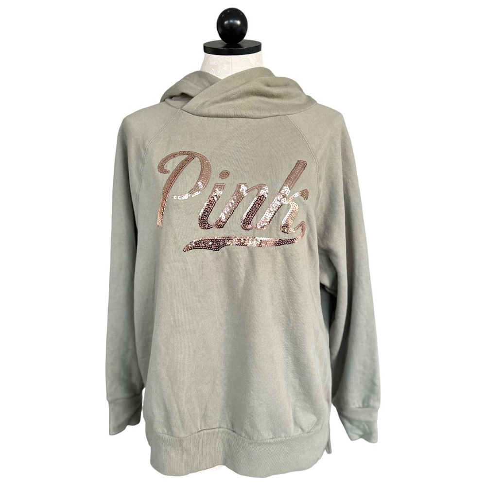 PINK Victoria's Secret Sequin Hoodie Light Green with Pink Sequins Size XS - Picture 1 of 15